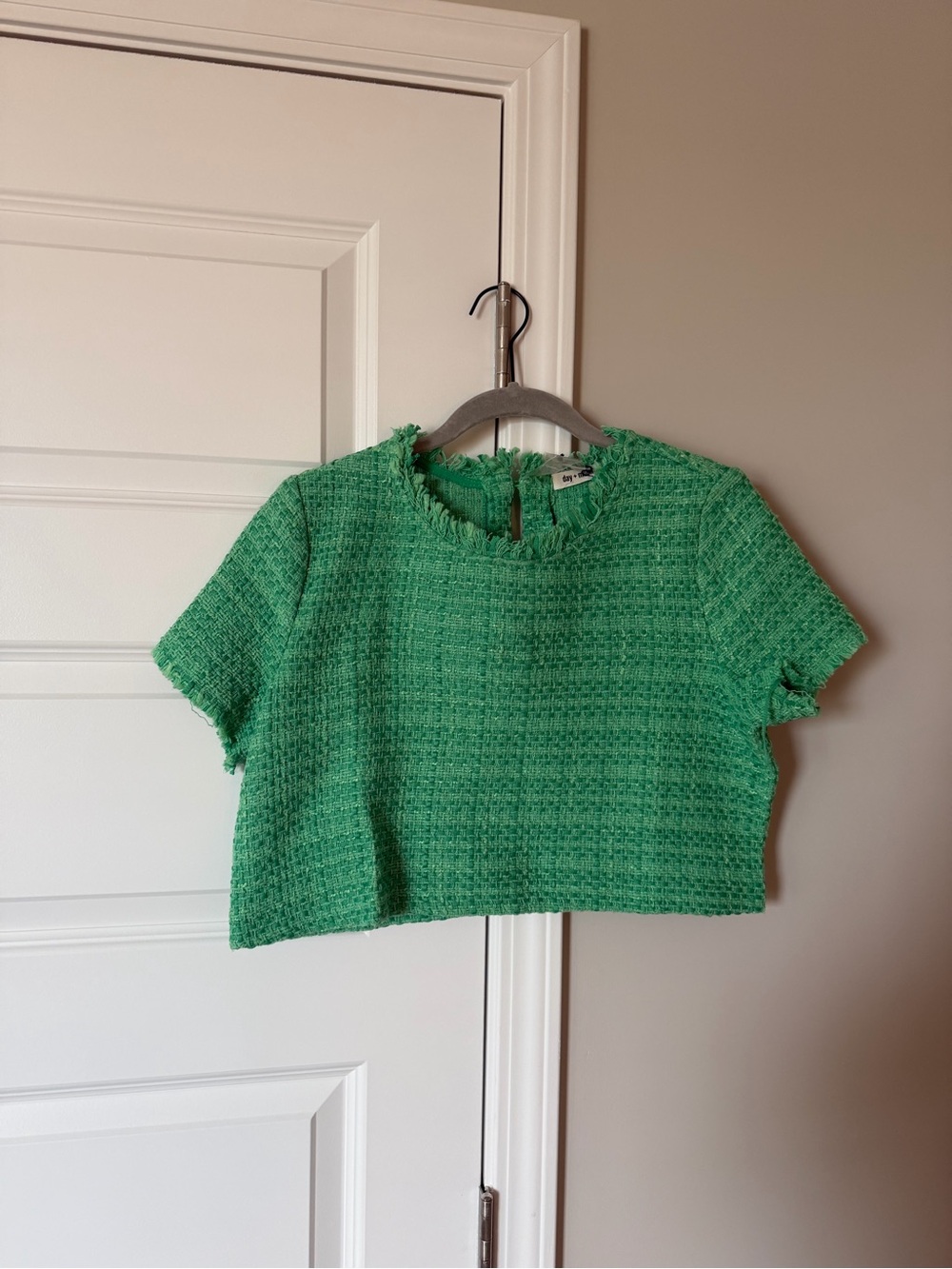 Green Tweed Short-Sleeve Crop Top